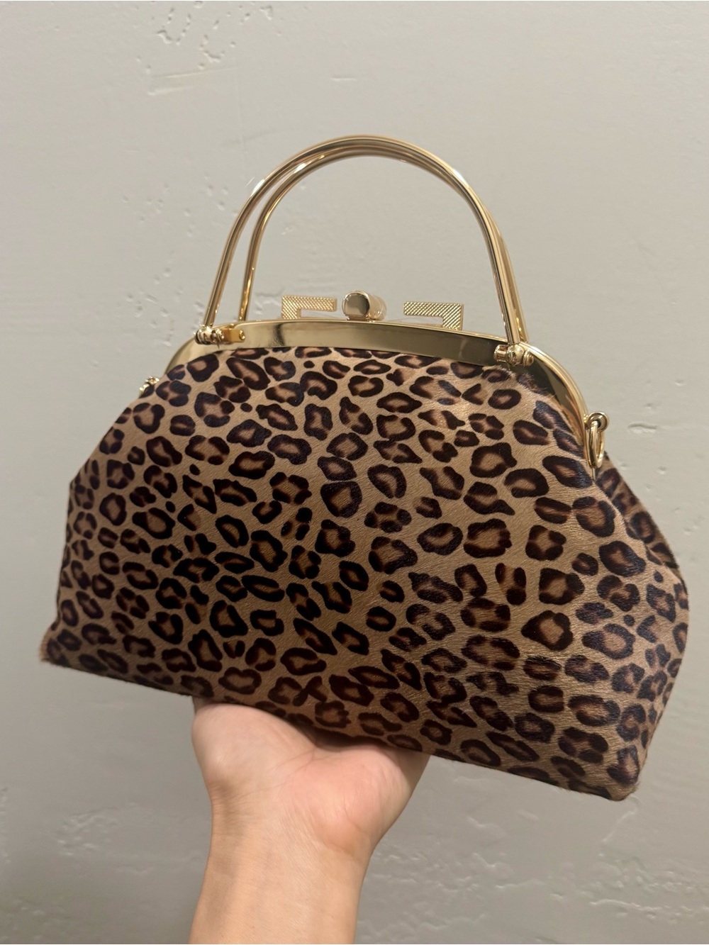 Leopard Print Handmade Real Hair-on Horsehide Top Handle, Push Lock Frame Bag - Picture 11 of 16
